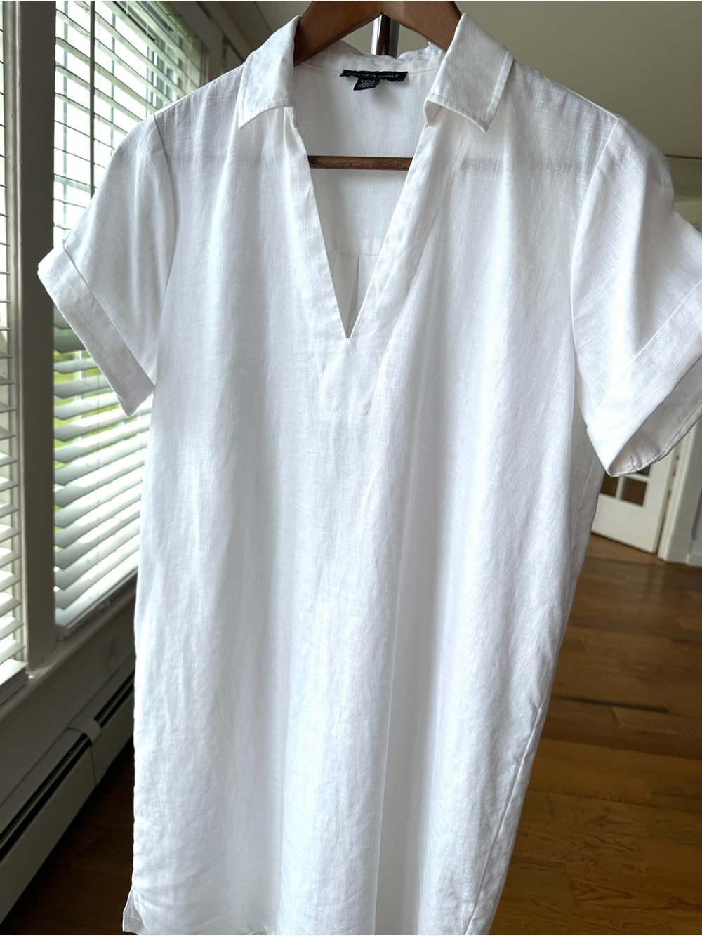 Saks Fifth Avenue White Short Sleeve Shift Dress, Midi Length, Linen